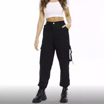 Женские брюки, черные, хаки, брюки-карго с высокой талией, карманы, лоскутные свободные уличные брюки-карандаш S чёрный