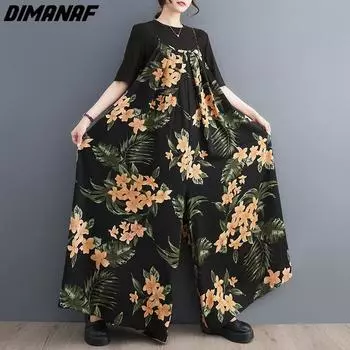Женские брюки DIMANAF размера плюс, новинка 2023 года, летний стиль, широкие брюки с эластичной резинкой на талии и цветочным принтом, свободные базовые комбинезоны