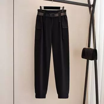 Женские брюки, длинные брюки с эластичной резинкой на талии, повседневные свободные женские брюки больших размеров, спортивные однотонные летние брюки-шаровары 2XL чёрный