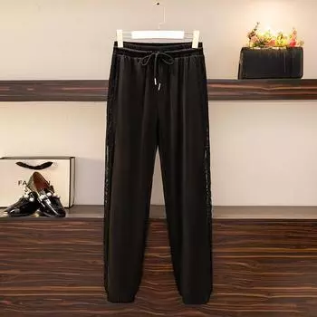 Женские брюки, длинные брюки с эластичной резинкой на талии, женские кружевные свободные свободные тонкие шаровары, повседневные брюки размера плюс, спортивные летние