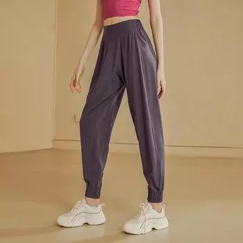 Женские брюки для фитнеса и йоги с высокой талией, быстросохнущие дышащие спортивные брюки для бега, свободные тонкие эластичные спортивные брюки для отдыха S чёрный