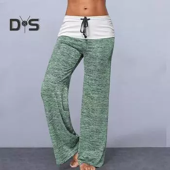 Женские брюки для йоги контрастного цвета с эластичной резинкой на талии и широкими штанинами, свободные мягкие дышащие женские спортивные штаны, женские длинные длинные брюки XL чёрный