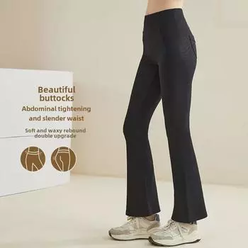 «Женские брюки для йоги Lulu с высокой талией и микроклешем — облегающий крой, приподнимающий бедра, модная повседневная спортивная одежда с широкими штанинами» Large чёрный