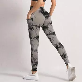 Женские брюки для йоги с галстуком-краской и карманами, спортивные леггинсы с эффектом пуш-ап с высокой талией, подтягивающие ягодицы, фитнес-колготки, спортивный костюм S