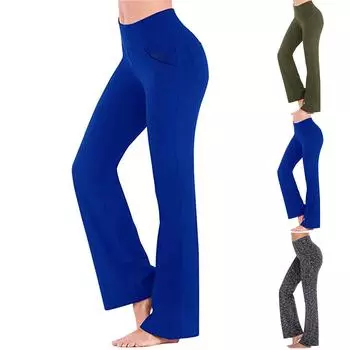 Женские брюки для йоги с карманами, спортивные ботинки с высокой талией, рабочие брюки с 4 карманами, женские расклешенные леггинсы L синий