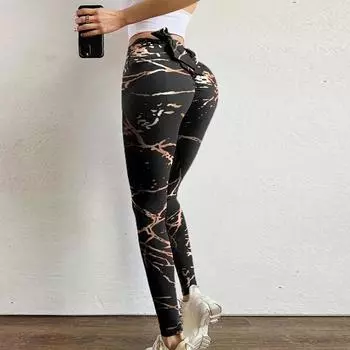 Женские брюки для йоги с высокой эластичной пот-поглощающей цифровой печатью и бантом для фитнеса