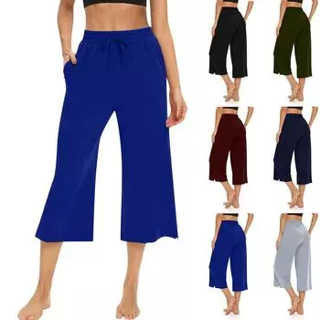 Женские брюки для йоги, широкие повседневные летние свободные удобные спортивные штаны на шнурке, пижамы с карманами L чёрный
