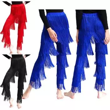 Женские брюки для латинских танцев, эластичный пояс, бахрома, кисточки, брюки для танго, ча-ча, сальса, сценический костюм M чёрный