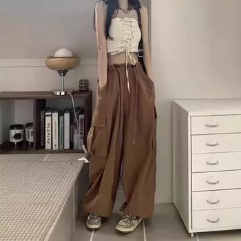 Женские брюки для японских танцев 2025 года с манжетами на щиколотках и большими карманами L коричневый