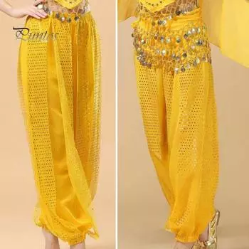 Женские брюки для выступлений, эластичные брюки с высокой талией, однотонные шаровары с блестками, декор для народных танцев, костюм для танца живота для взрослых, брюки озеро синий
