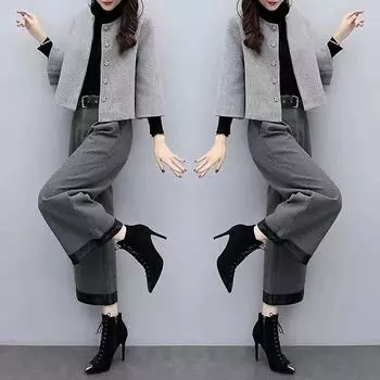 Женские брюки-двойки больших размеров на осень и зиму, шерстяная короткая куртка, широкие брюки, повседневный модный костюм XS серый