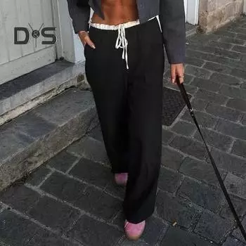 Женские брюки, двухслойный дизайн с талией, эластичные костюмные брюки с высокой талией, цветные прямые прямые широкие брюки с карманами S чёрный