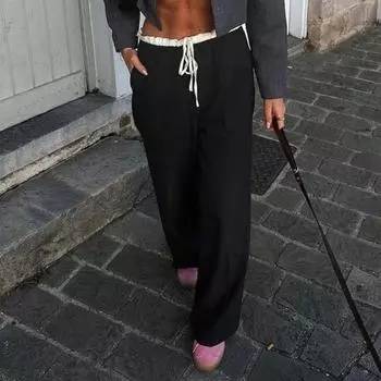Женские брюки, двухслойный дизайн с талией, эластичные костюмные брюки с высокой талией, цветные прямые прямые широкие брюки с карманами S чёрный