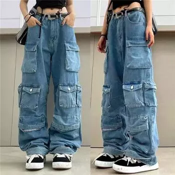 Женские брюки, джинсы свободного кроя с множеством карманов, эластичные джинсовые брюки с карманами, брюки L синий