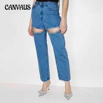Женские брюки Fashion Niche Diamond Studded Beaded Джинсы средней посадки Straight Long Thigh Cut Out S темно-синий
