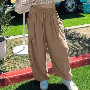 Женские брюки-фонарики, летние хлопковые и льняные брюки с эластичной резинкой на талии, свободные посадки до щиколотки, женские мешковатые брюки со средней талией XXXL белый