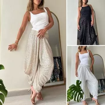 Женские брюки-фонарики с эластичной резинкой на талии, широкие блестящие брюки, однотонные вечерние повседневные шаровары S шампанского