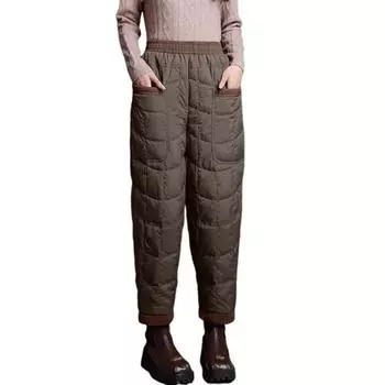 Женские брюки гаремы эластичные с высокой талией легкие пуховые брюки с большими карманами толстые теплые стеганые брюки 3XL кофейный