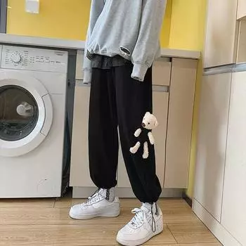 Женские брюки Harajuku Street Корейский стиль Медведь Осенние теплые повседневные уличные спортивные штаны Симпатичные M чёрный