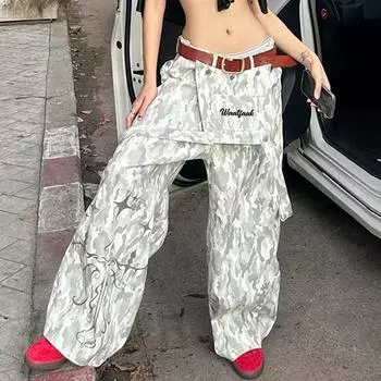 Женские брюки High Street Design Sense Back Strap Splicing Camouflage Workwear Hot Girl Low Waist Loose Thin Direct Casual S светло-серый