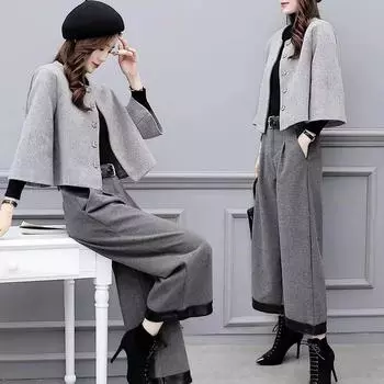 Женские брюки из двух частей больших размеров, шерстяное короткое пальто, широкие брюки, повседневный модный костюм, женский тренд S серый