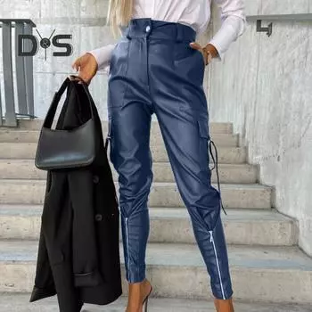 Женские брюки из гладкой искусственной кожи с декором на молнии, облегающие брюки с высокой талией, застежкой-молнией и пуговицами, с несколькими карманами, однотонные брюки-карандаш, длинные брюки S темно-коричневого