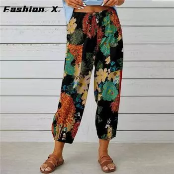 Женские брюки из хлопка и льна. Девятиминутные брюки. Брюки с эластичным поясом на шнурке. S белый