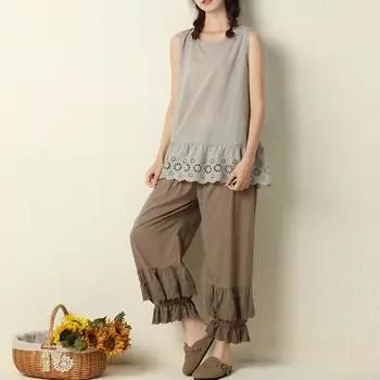 Женские брюки из хлопка с кружевными оборками, летние винтажные однотонные брюки с эластичной резинкой на талии длиной до щиколотки One Size чёрный