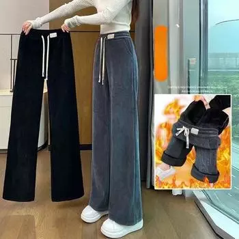 Женские брюки из хлопкового флиса с широкими штанинами и фланелью, а также узкие прямые брюки для женщин S