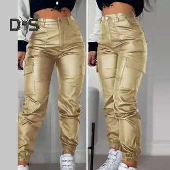 Женские брюки из искусственной кожи, гладкие, мягкие, дышащие, с высокой эластичной талией, с карманами на щиколотках, застежкой-молнией и пуговицами, облегающие брюки для мотоциклистов L чёрный