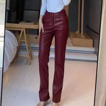 Женские брюки из искусственной кожи на пуговицах и молнии, прямые широкие брюки с карманами, высокая талия, свободные длинные брюки S красный