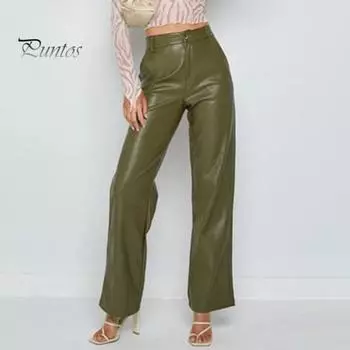 Женские брюки из искусственной кожи на пуговицах и молнии, прямые широкие брюки с карманами, высокая талия, свободные длинные брюки S красный