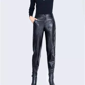 Женские брюки из искусственной кожи, новинка 2022 года, осенние брюки с высокой талией, узкие брюки-карандаш из искусственной кожи с карманами, узкие брюки Харлан черного цвета S