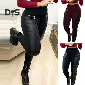 Женские брюки из искусственной кожи с молнией, декор в стиле пэчворк, цветное сочетание, средняя талия, повседневные, облегающие, эластичные, с завышенной талией, длинные женские брюки M чёрный