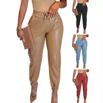 Женские брюки из искусственной кожи с высокой талией, с контролем живота, с подъемом ягодиц, эластичной талией, эластичной кулиской на щиколотке, мягкие, гладкие, дышащие, женские, длиной до щиколотки L чёрный