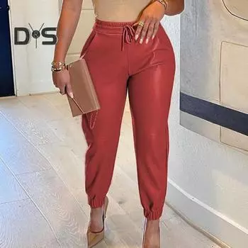 Женские брюки из искусственной кожи с высокой талией, с контролем живота, с подъемом ягодиц, эластичной талией, эластичной кулиской на щиколотке, мягкие, гладкие, дышащие, женские, длиной до щиколотки L чёрный