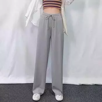 Женские брюки из ледяного шелка, эластичные, с высокой талией, с регулируемым шнурком, прямые широкие брюки, однотонные длинные брюки, повседневная одежда One Size абрикосовый