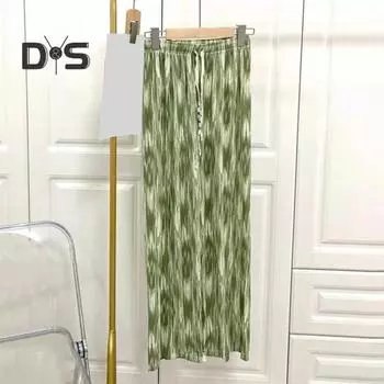 Женские брюки из ледяного шелка, охлаждающие широкие брюки, свободные шнурки, эластичная талия, прямой галстук, глубокая промежность, мягкие дышащие женские летние длинные брюки светло-зеленый