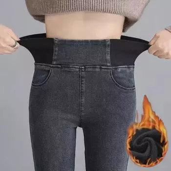 Женские брюки-карандаш из бархата с высокой талией, большого размера — облегающие, эластичные, для осени/зимы 36