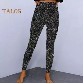 Женские брюки-карандаш с высокой талией, блестящие длинные брюки из эластичной ткани, блестящие леггинсы с пайетками, повседневная одежда S красный