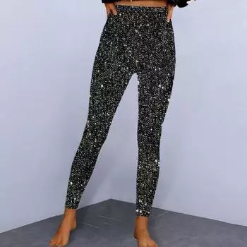 Женские брюки-карандаш с высокой талией, блестящие длинные брюки из эластичной ткани, блестящие леггинсы с пайетками, повседневные S красный