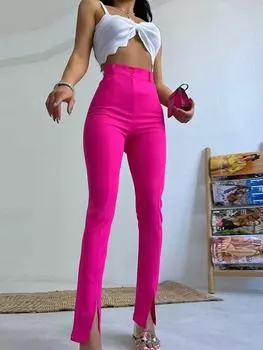 Женские брюки-карандаш с высокой талией и разрезом, лето 2022, повседневные офисные женские брюки до щиколотки, базовые модные элегантные брюки женские M чёрный