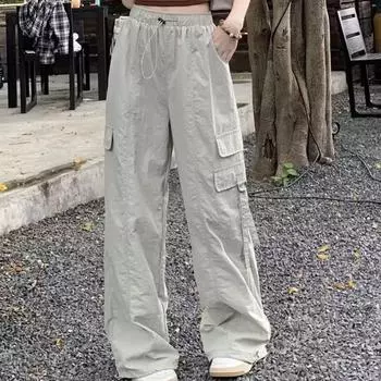 Женские брюки-карго, эластичные длинные брюки с высокой талией и регулируемым шнурком, однотонные спортивные брюки с широкими штанинами и несколькими карманами S серый