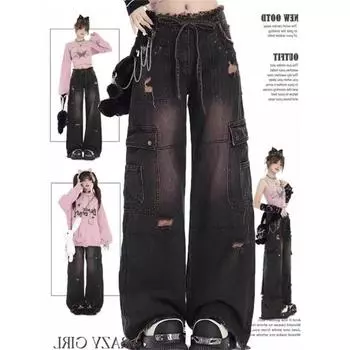 Женские брюки-карго Do Old, модные винтажные рваные джинсы с несколькими карманами, уличная одежда, прямые черные брюки полной длины, 2023 г. L чёрный