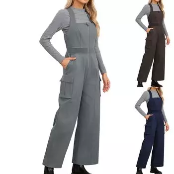 Женские брюки-карго, комбинезон без рукавов, на бретелях, с застежкой-молнией, широкий комбинезон, повседневный, свободный, длинный, из хлопка, с карманами L чёрный