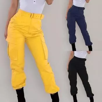 Женские брюки-карго, повседневные брюки, однотонные брюки в стиле милитари, брюки с карманами XL чёрный