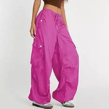 Женские брюки-карго, регулируемые широкие летние брюки с завязками на шнурке и множеством карманов, однотонные длинные брюки с низкой посадкой XL розы красного