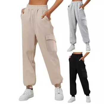 Женские брюки-карго с эластичной резинкой на талии, однотонные, свободные до щиколотки, с несколькими карманами, повседневные мягкие дышащие женские спортивные длинные брюки XL чёрный