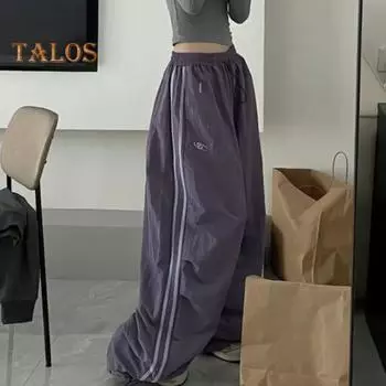 Женские брюки-карго с эластичной резинкой на талии и завязками на подоле, повседневные брюки с карманами и боковыми полосками, широкие спортивные брюки, уличная одежда XL фиолетовый