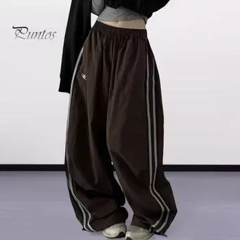 Женские брюки-карго с эластичной резинкой на талии и завязками на подоле, повседневные брюки с карманами и боковыми полосками, широкие спортивные брюки, уличная одежда M темно-коричневого